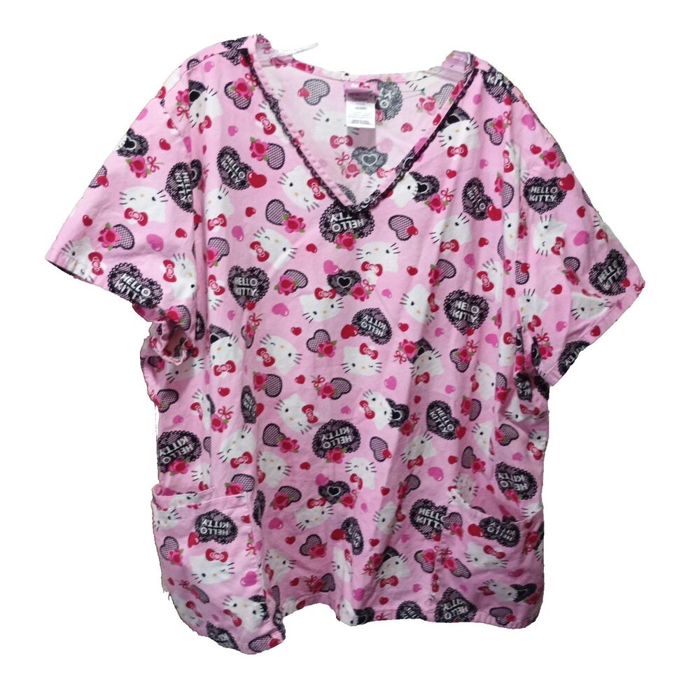 Hello Kitty Sanrio Scrub Top Women's 3XL Pink Hearts Roses Nurse Medical Uniform
